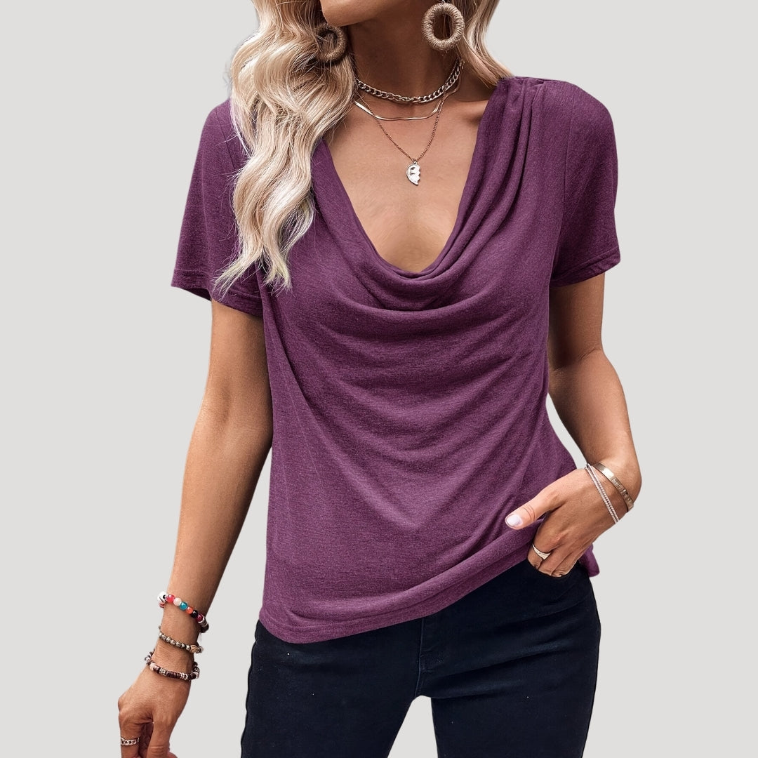 Draped cowl neck short sleeve top