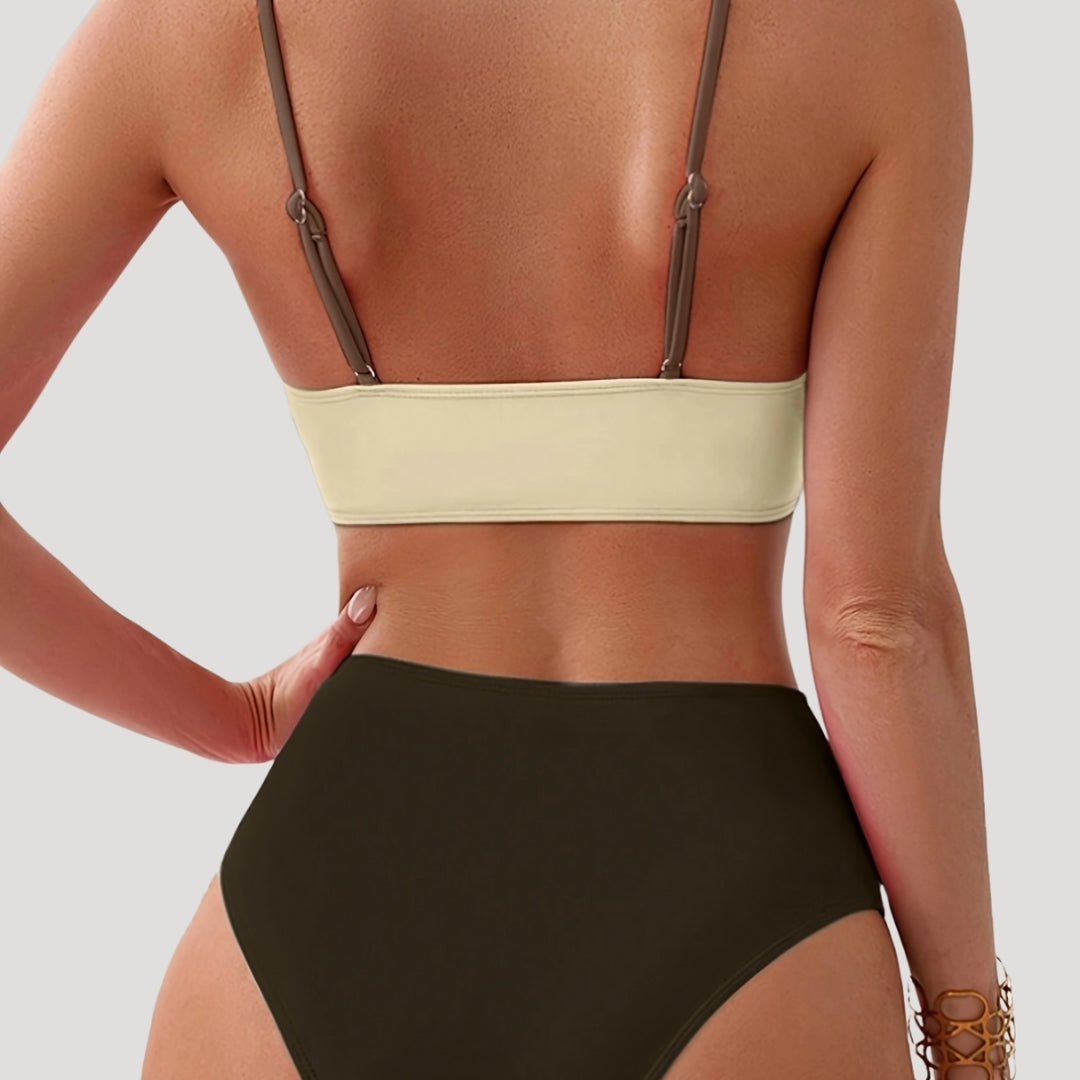 Neutral color block high-waist bikini