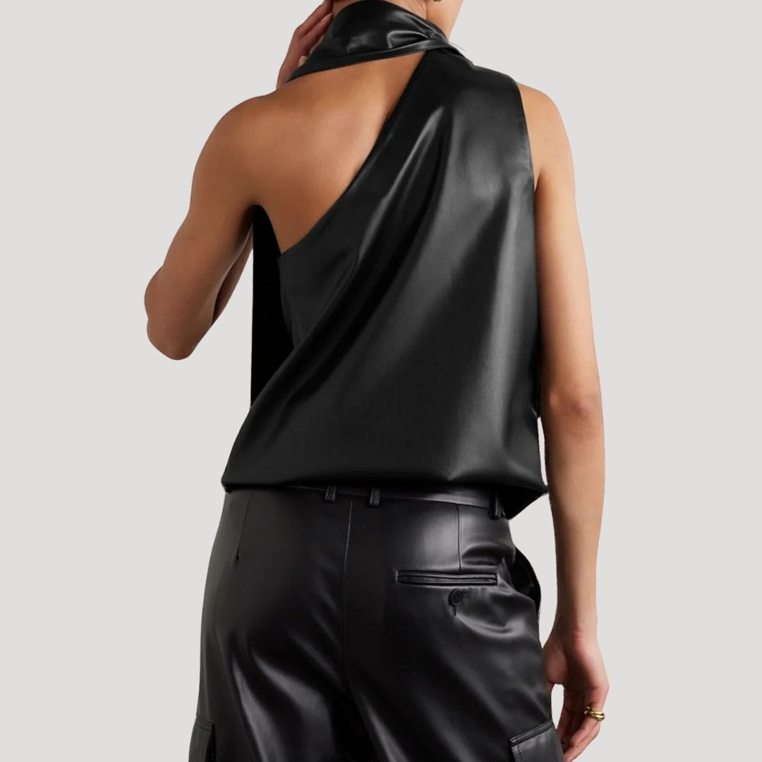 Asymmetrical faux leather halter top