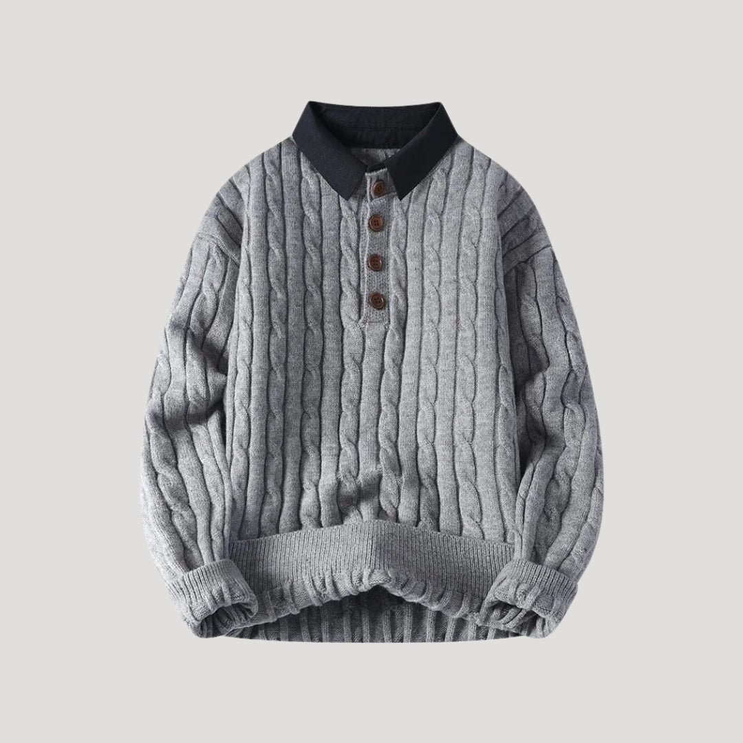 Men cable knit collared pullover