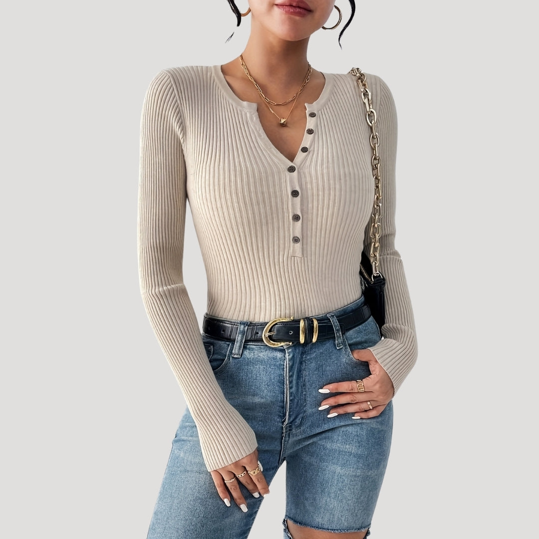 Ribbed long sleeve henley top