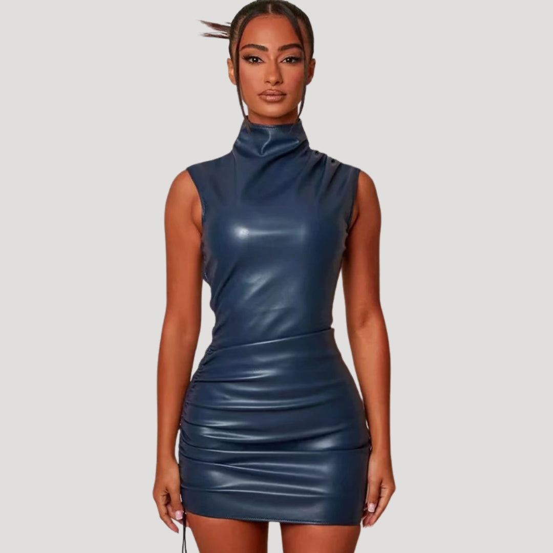 Sleek faux leather high-neck mini dress