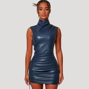 Sleek faux leather high-neck mini dress