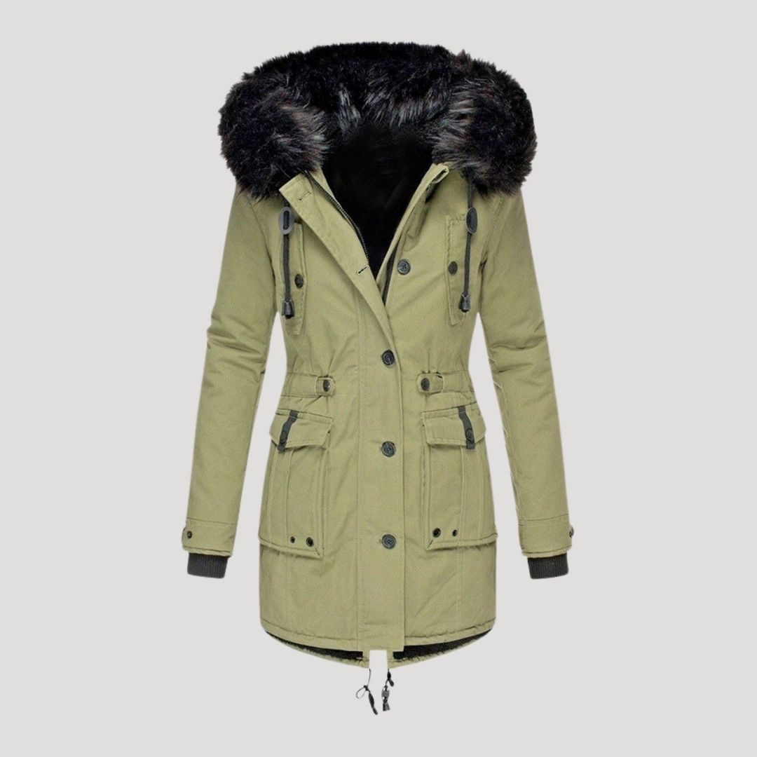 Women’s waterproof winter parka coat with faux fur hood