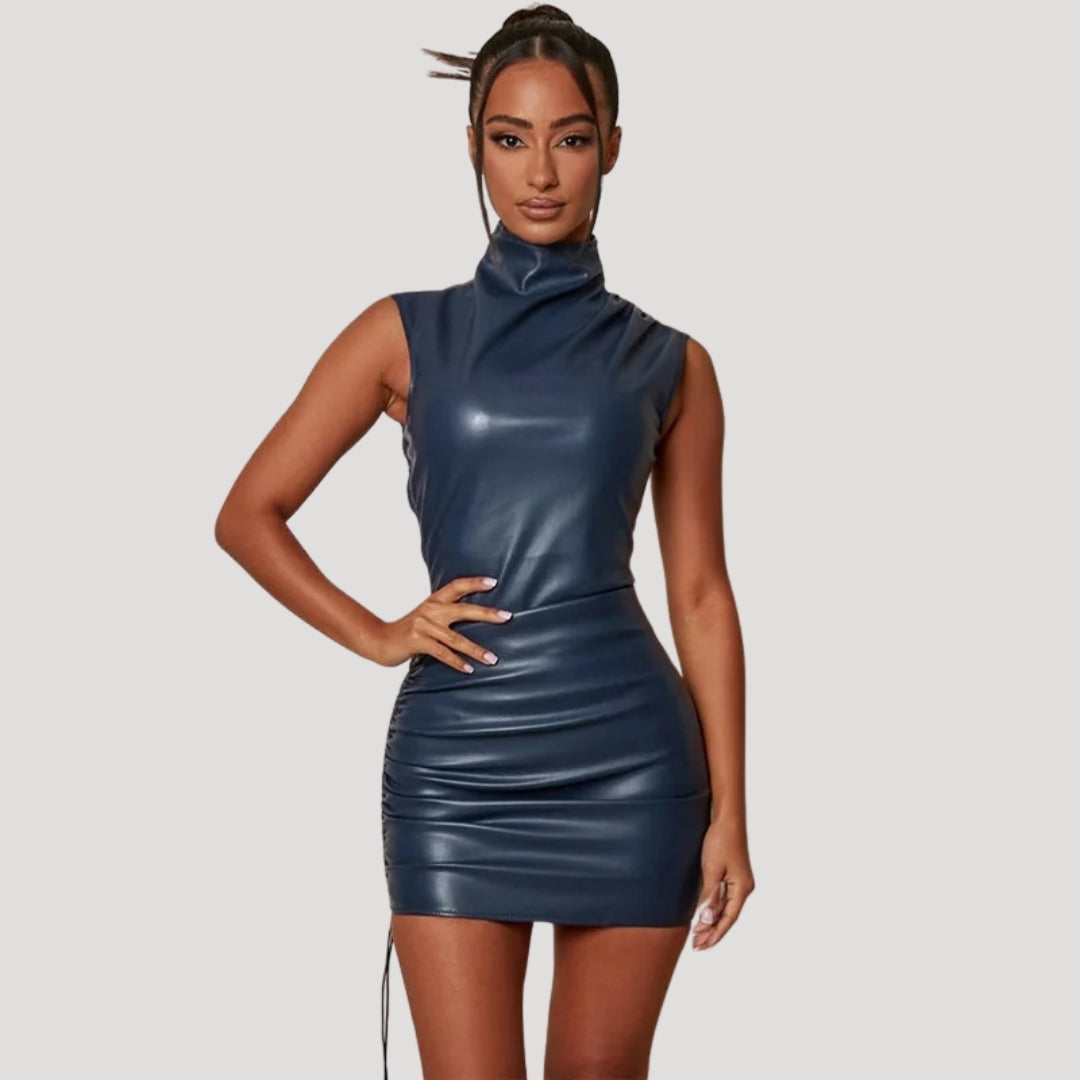 Sleek faux leather high-neck mini dress