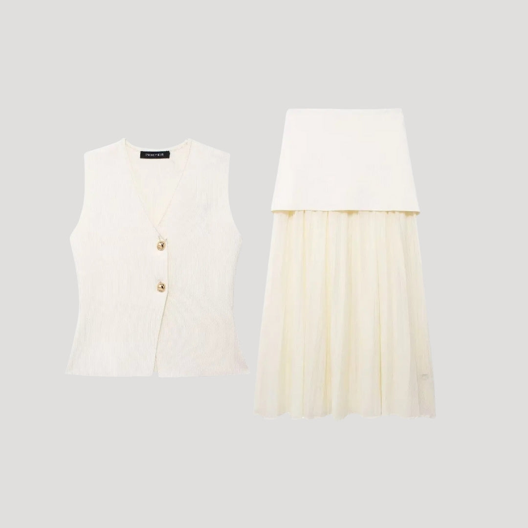 Sophisticated sleeveless vest and pleated skirt set