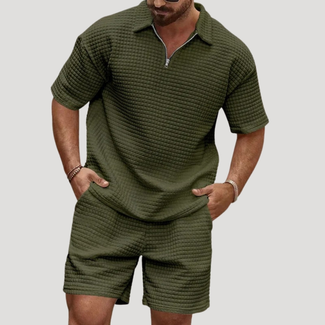Men’s waffle knit co ord set – zip polo & shorts