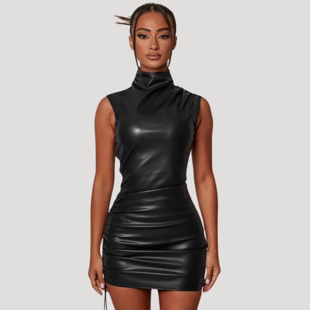 Sleek faux leather high-neck mini dress