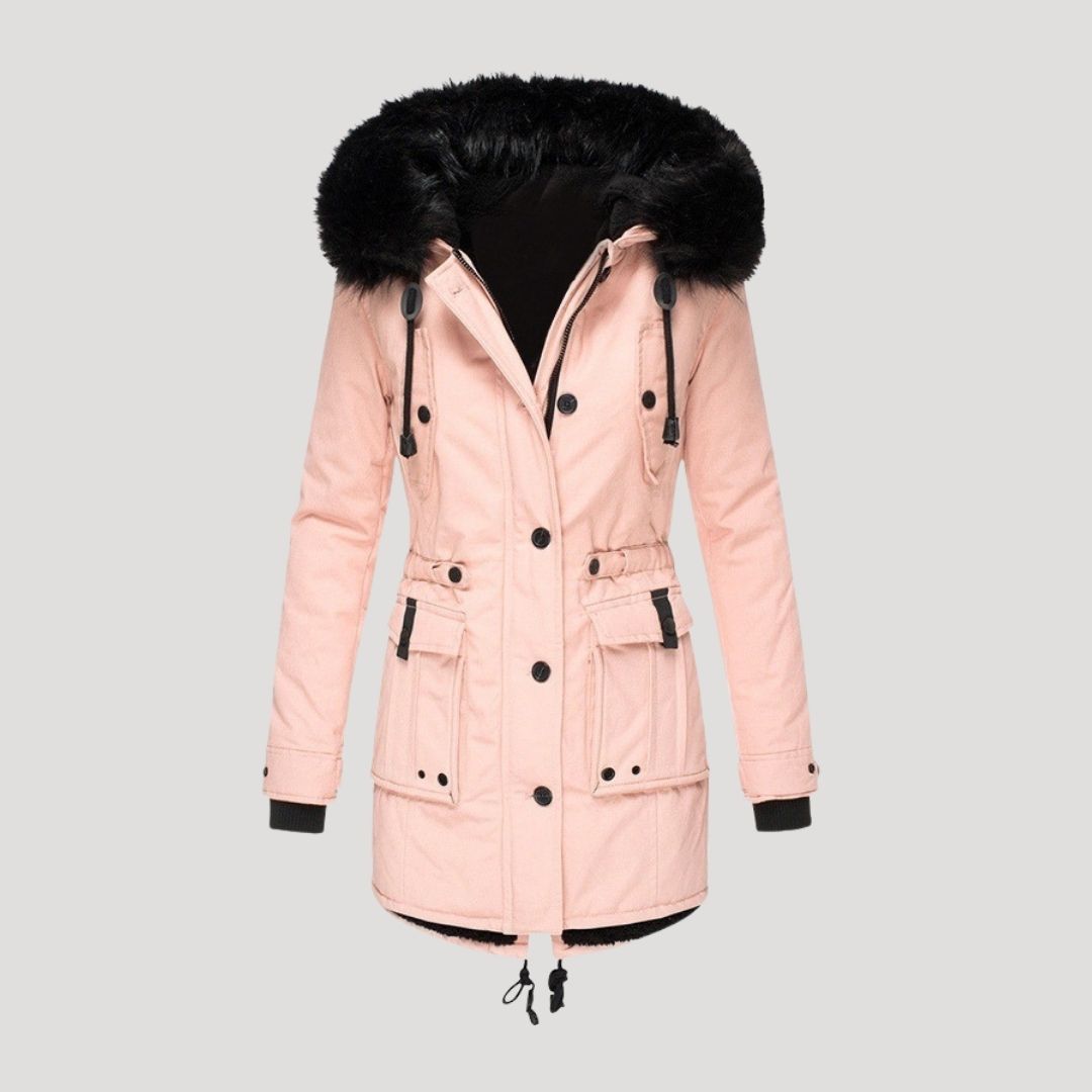 Women’s waterproof winter parka coat with faux fur hood