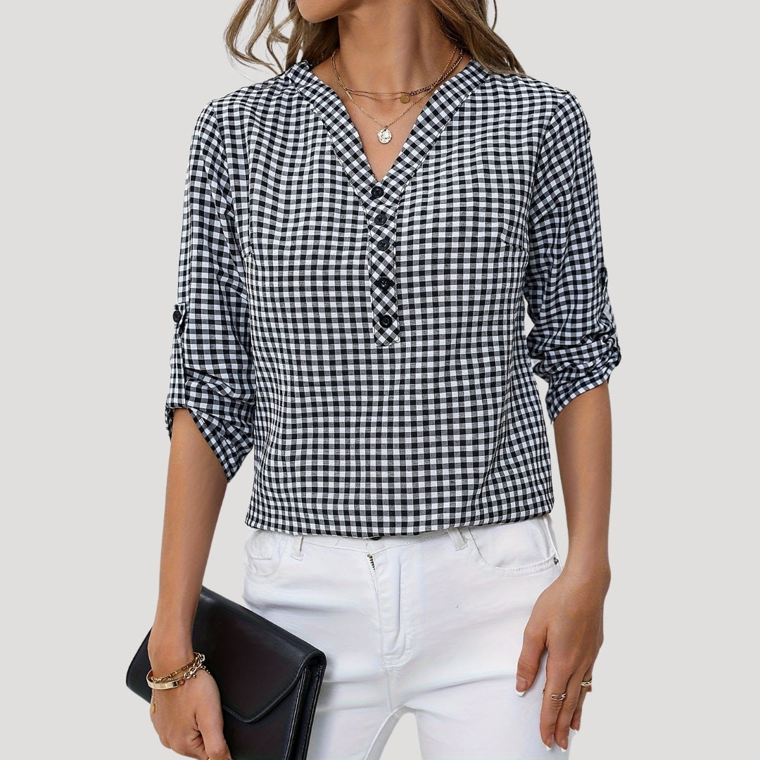 Gingham check 3/4 sleeve blouse