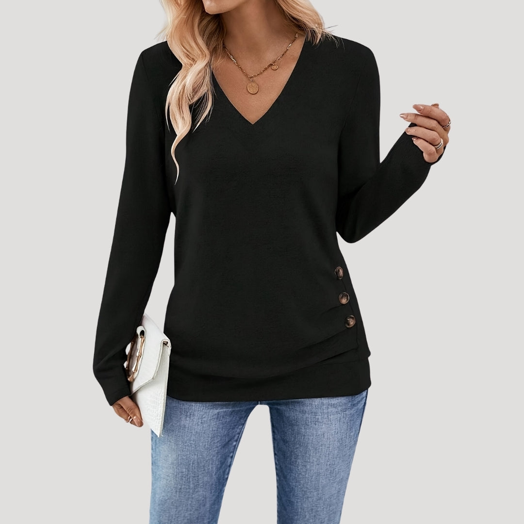 V-neck button-detail long-sleeve top