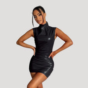 Sleek faux leather high-neck mini dress