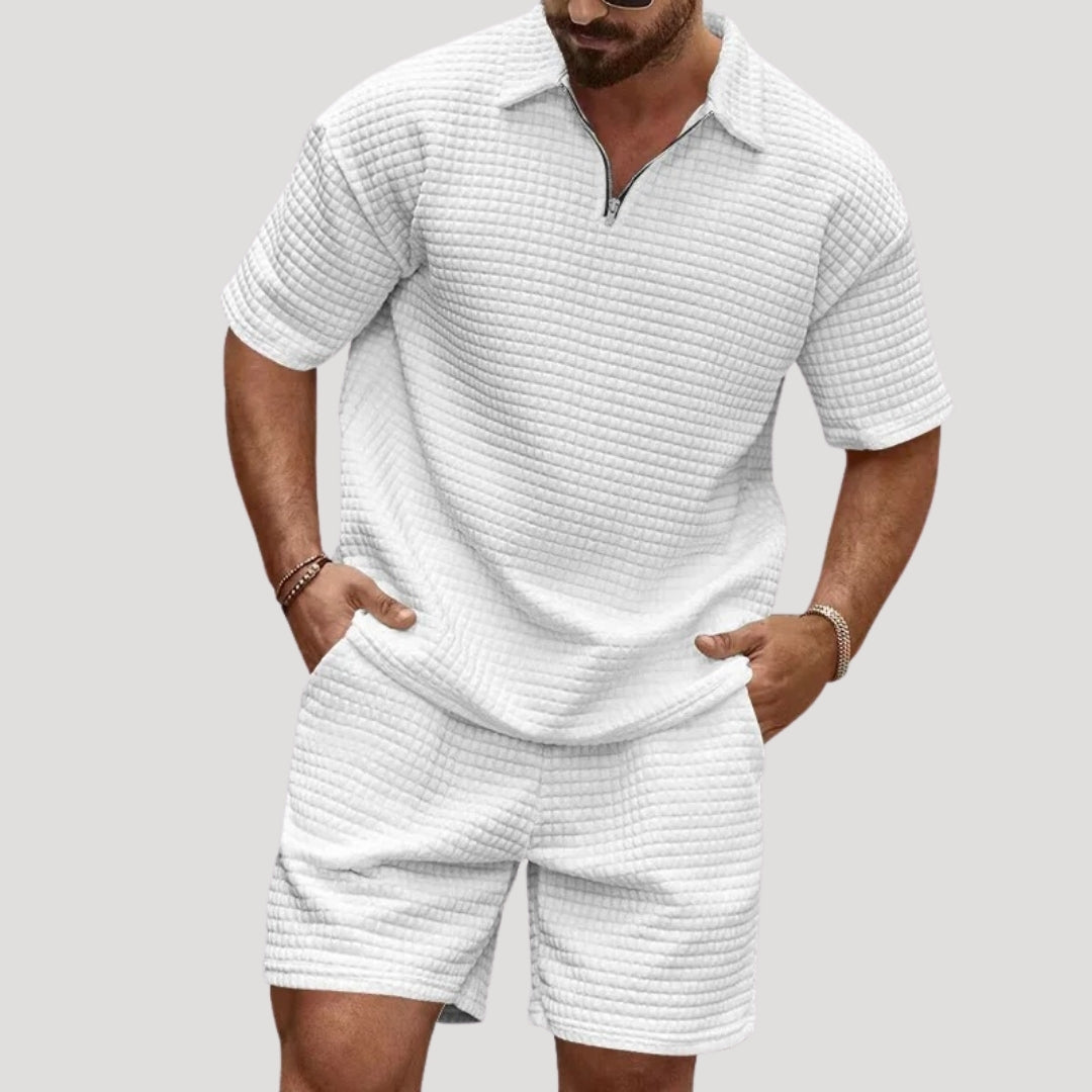 Men’s waffle knit co ord set – zip polo & shorts