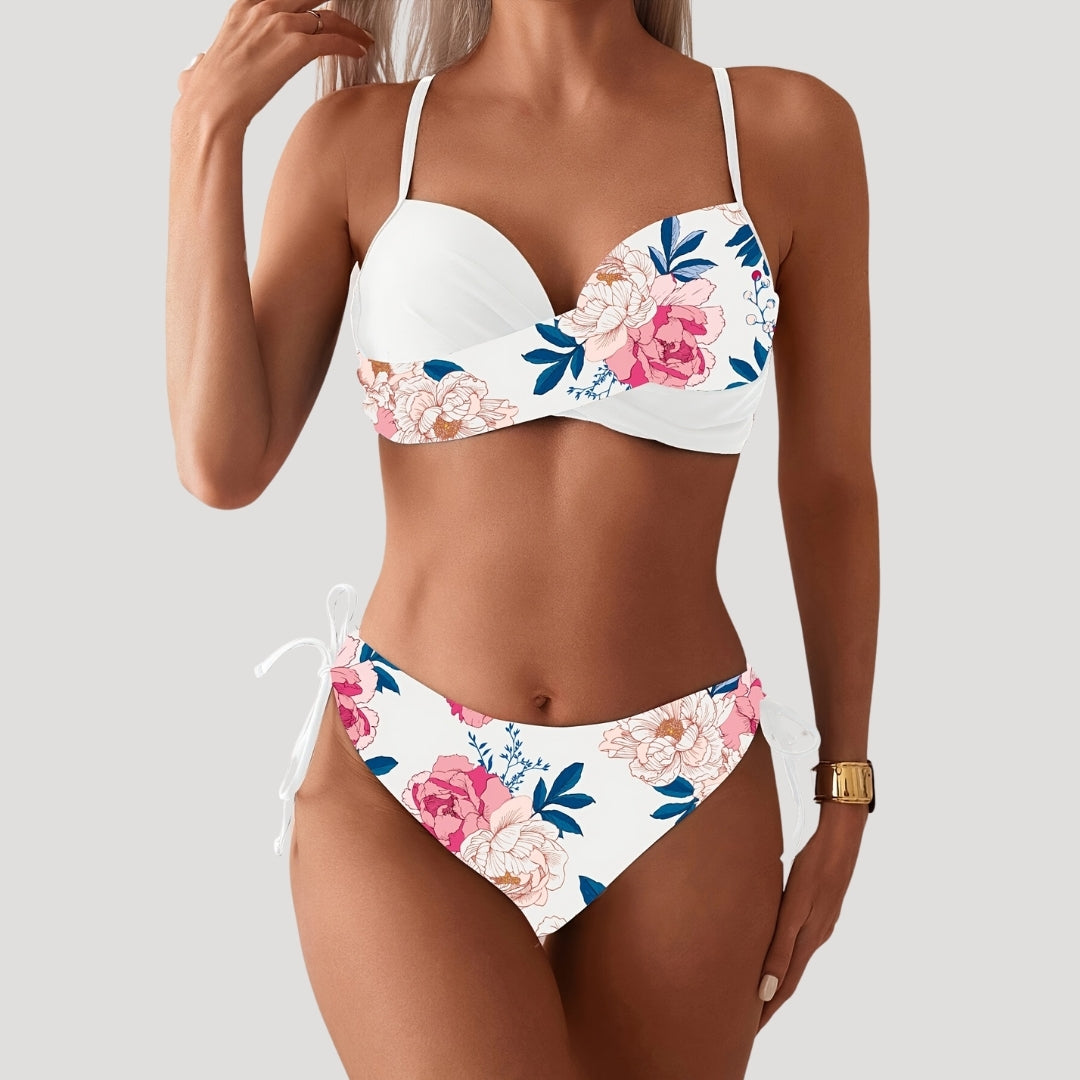 White floral wrap bikini set