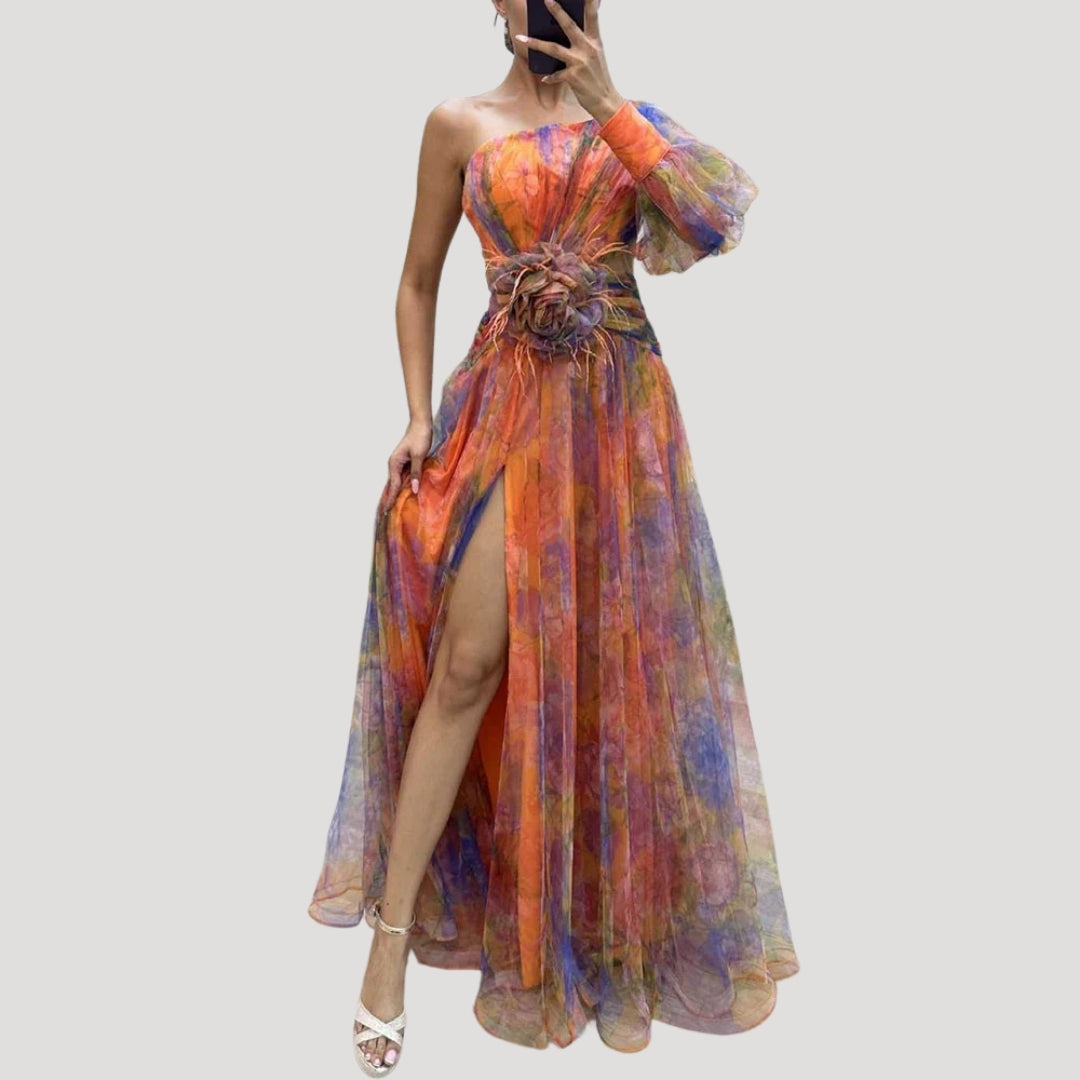 Women’s one shoulder wedding guest dress – floral maxi