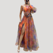 Women’s one shoulder wedding guest dress – floral maxi