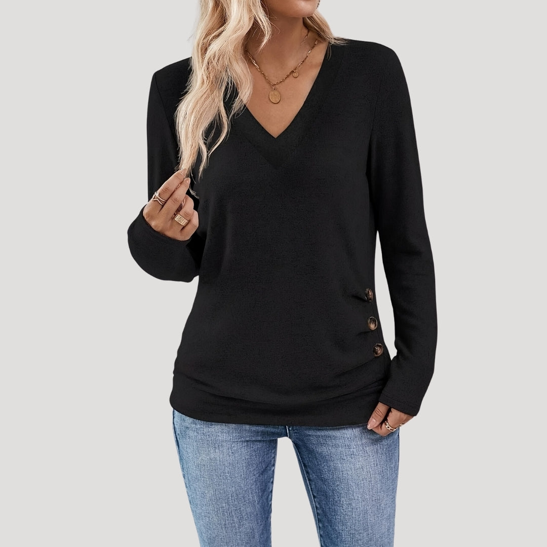 V-neck button-detail long-sleeve top