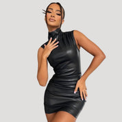 Sleek faux leather high-neck mini dress