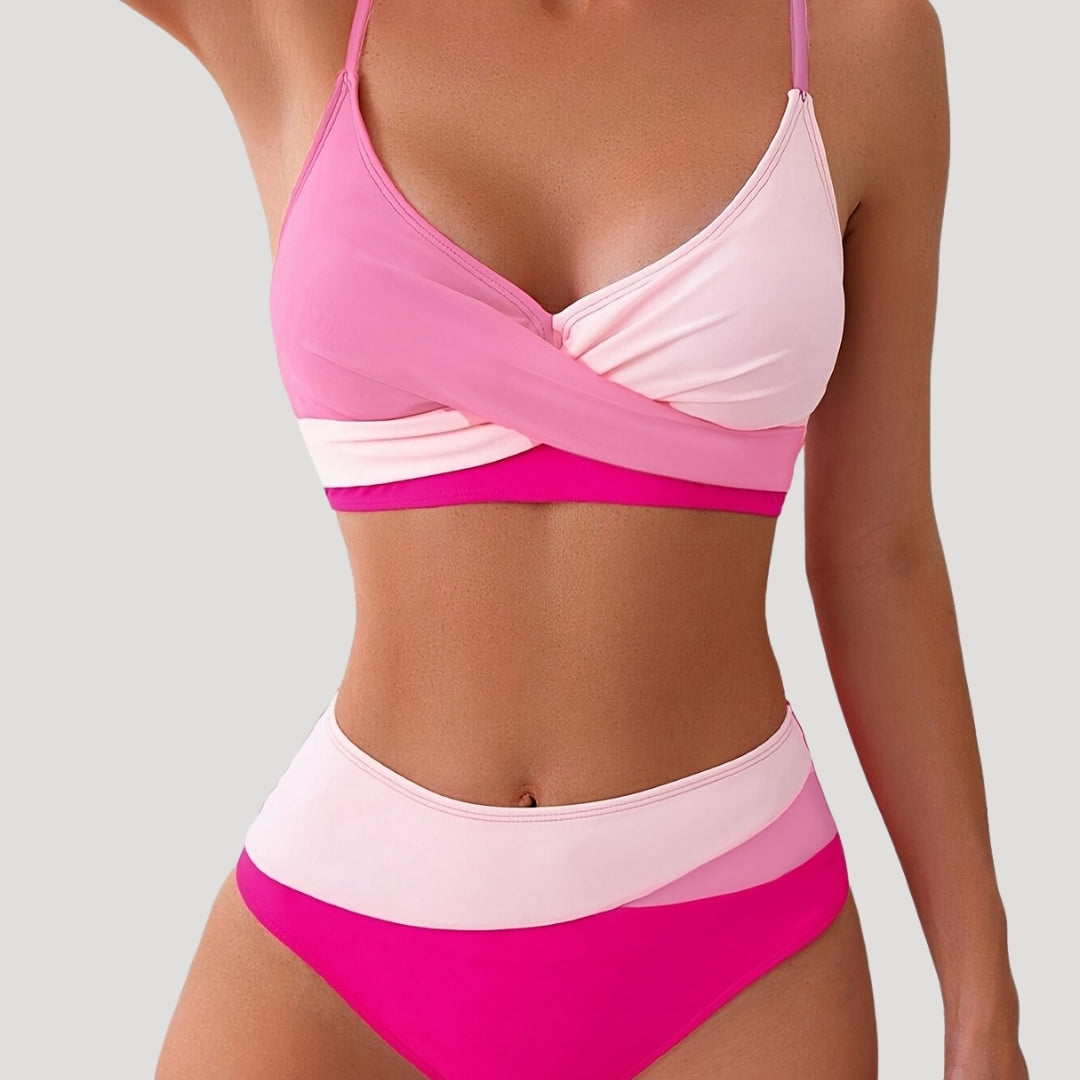 Neutral color block high-waist bikini