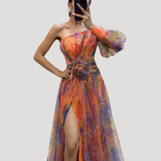 Women’s one shoulder wedding guest dress – floral maxi