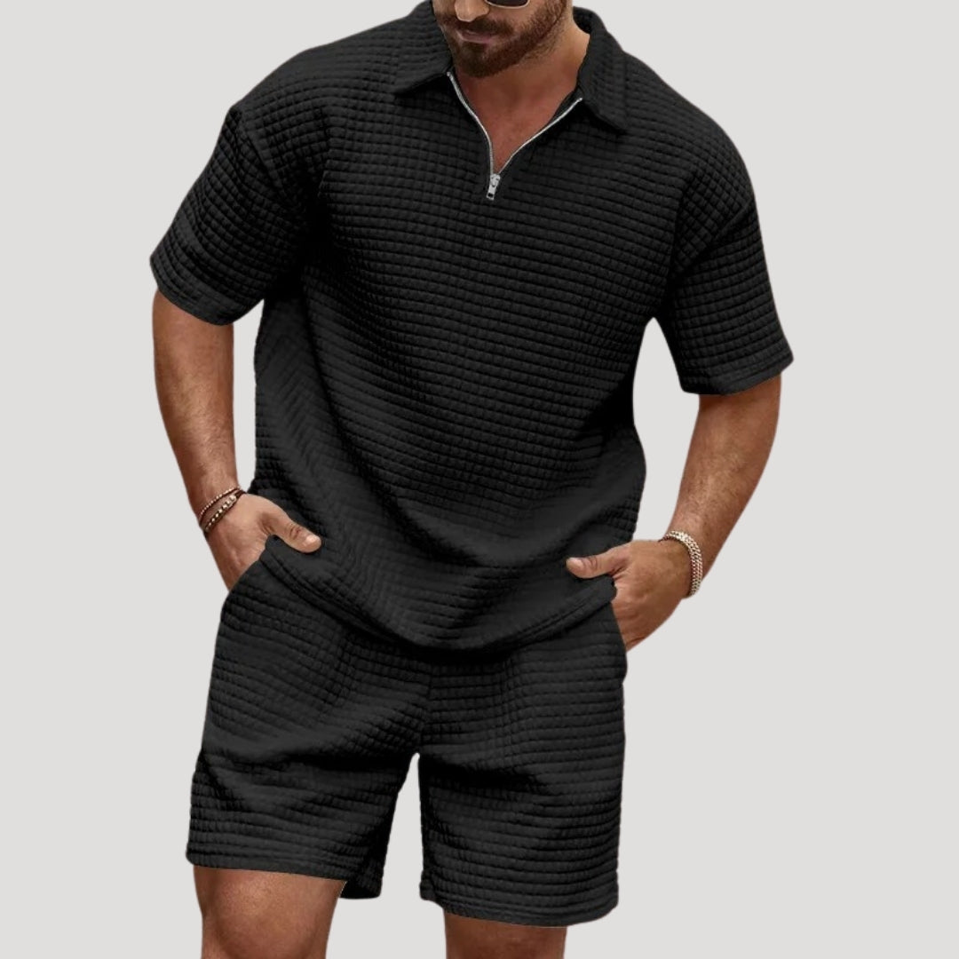 Men’s waffle knit co ord set – zip polo & shorts