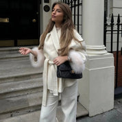 Women’s faux fur trim belted wrap wool winter coat