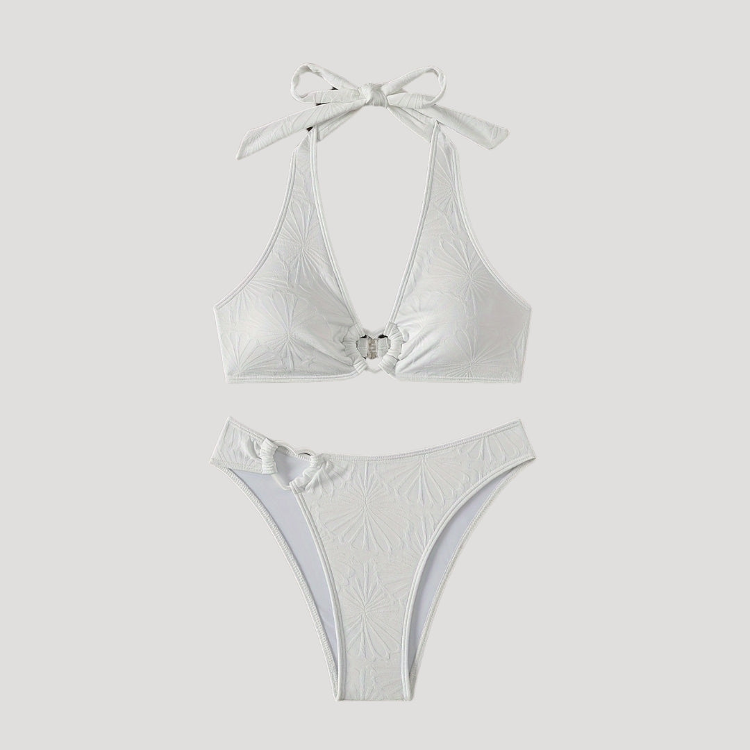 White embossed halter bikini set