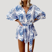 Printed belted shirt and shorts set