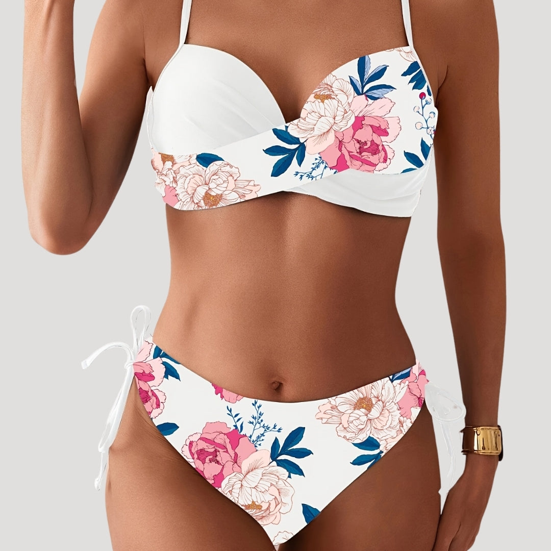 White floral wrap bikini set