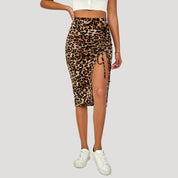 Ruched leopard print midi skirt