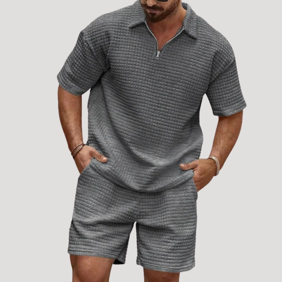 Men’s waffle knit co ord set – zip polo & shorts
