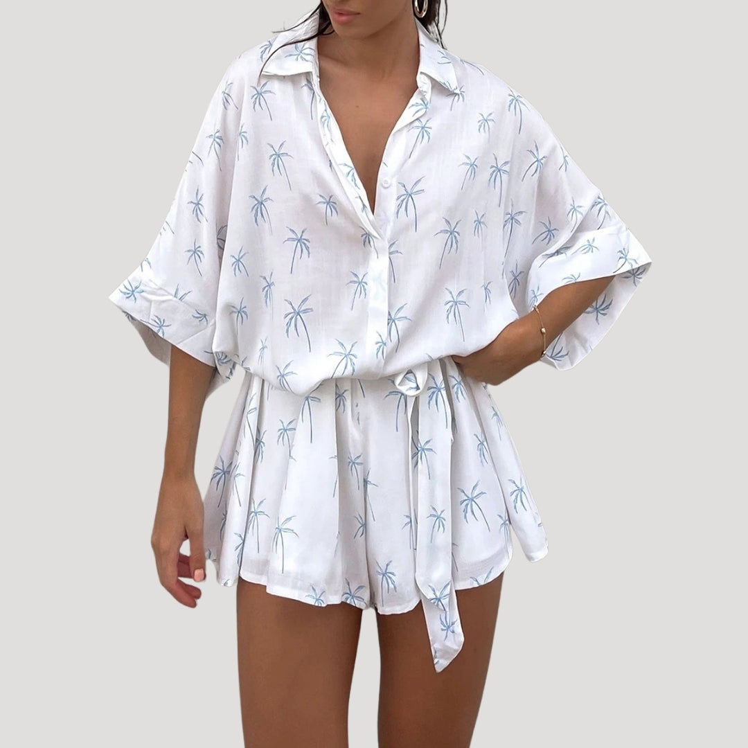 Printed belted shirt and shorts set