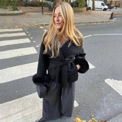 Women’s faux fur trim belted wrap wool winter coat