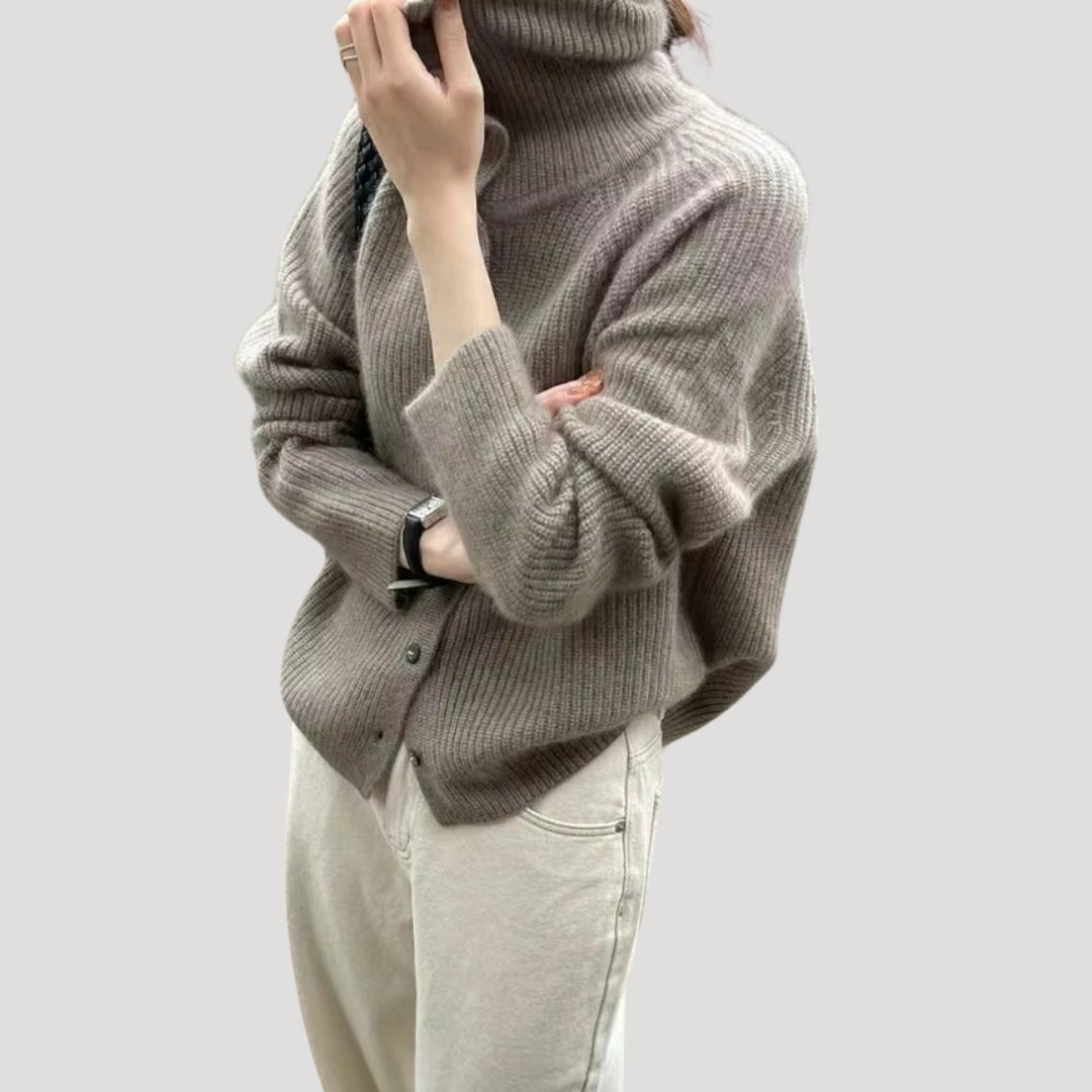 Women ribbed high-neck cardigan