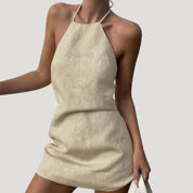 Khaki linen halterneck mini dress