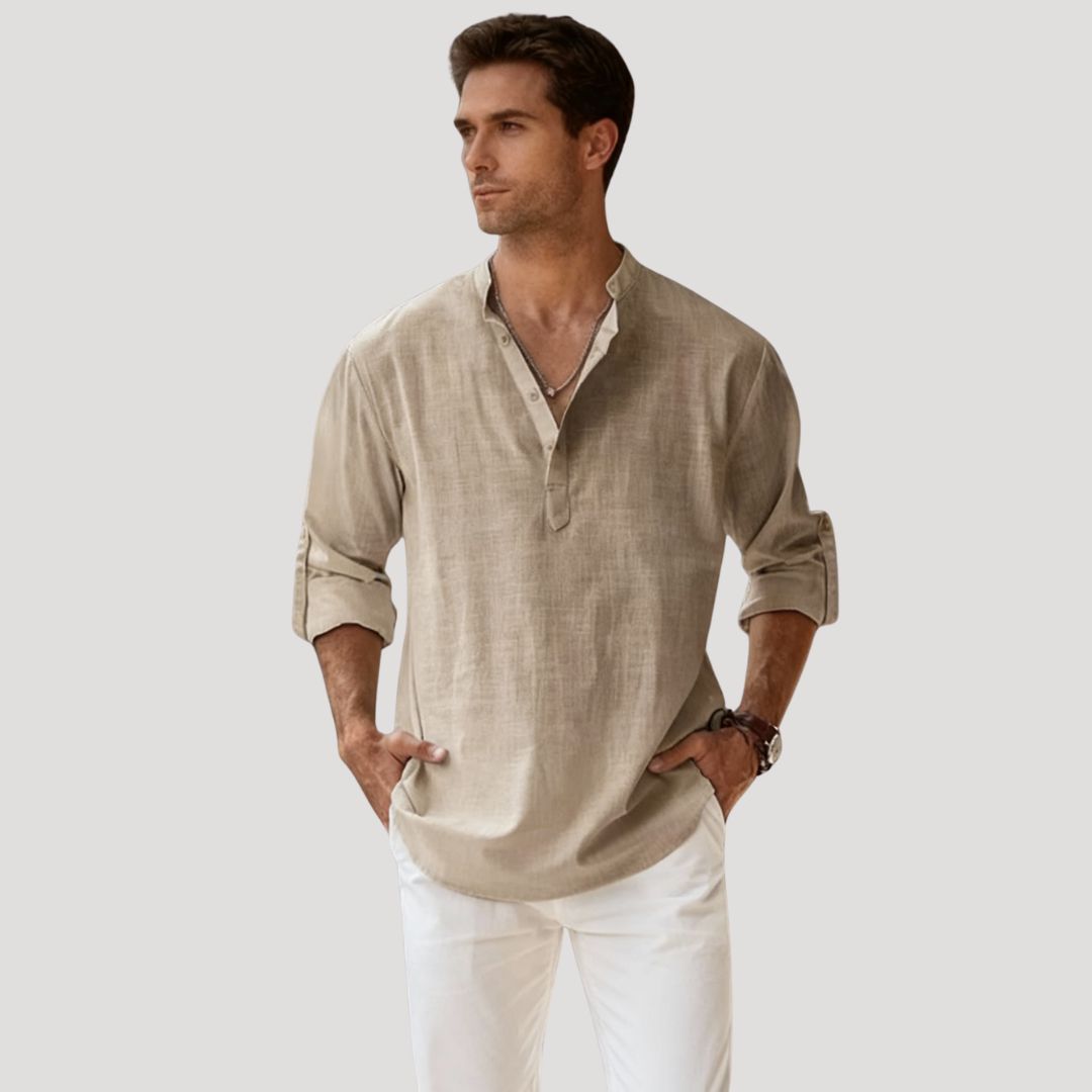 Men's spring long sleeve linen polo shirt