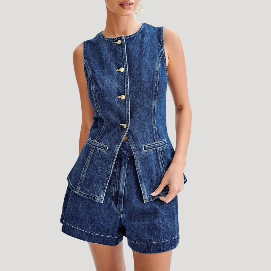 Sleeveless denim button-up vest set