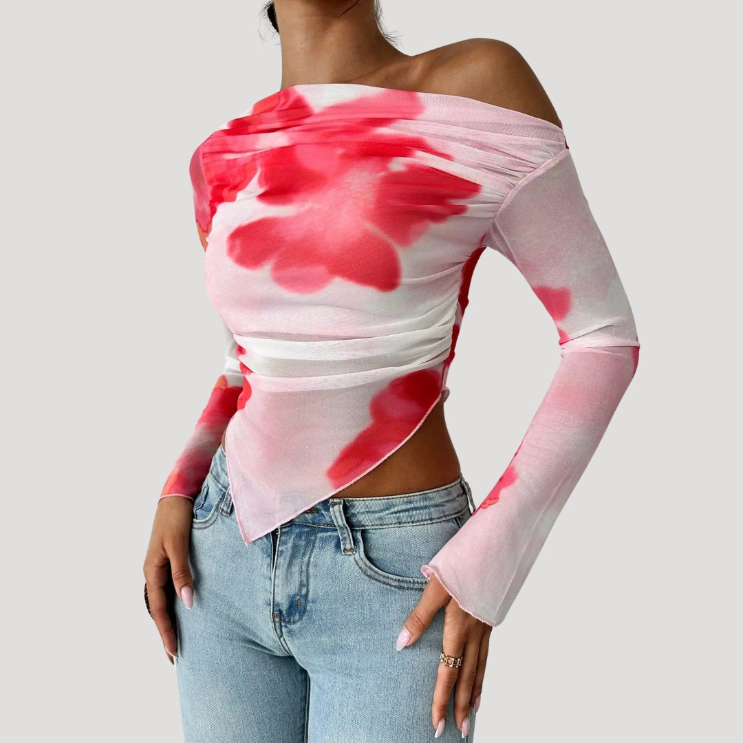 Off-shoulder floral mesh top