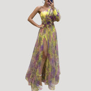 Women’s one shoulder wedding guest dress – floral maxi