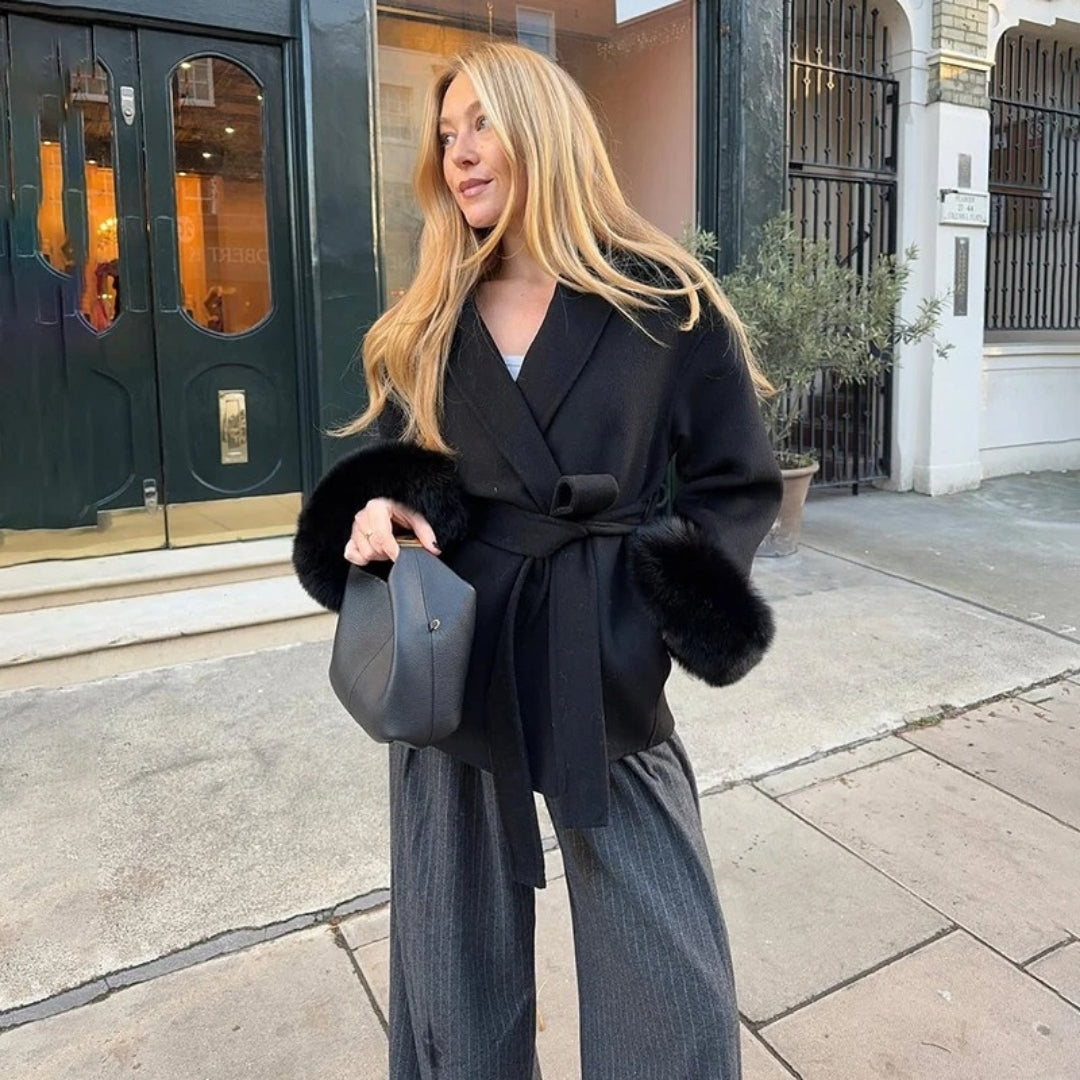 Women’s faux fur trim belted wrap wool winter coat