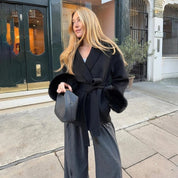 Women’s faux fur trim belted wrap wool winter coat
