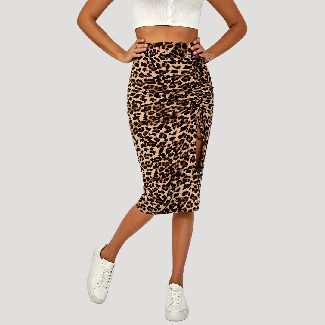 Ruched leopard print midi skirt