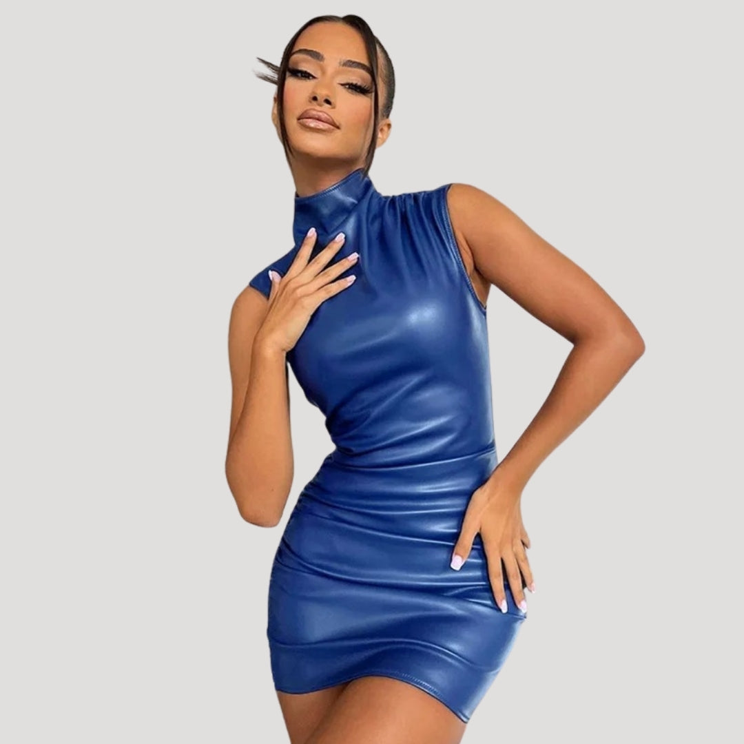 Sleek faux leather high-neck mini dress