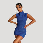 Sleek faux leather high-neck mini dress