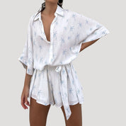 Printed belted shirt and shorts set