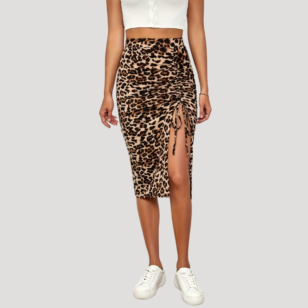 Ruched leopard print midi skirt