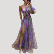 Women’s one shoulder wedding guest dress – floral maxi