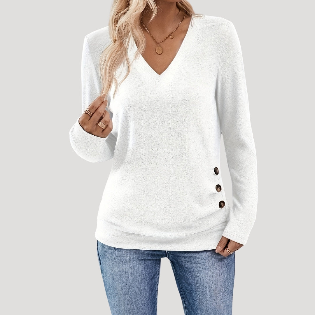 V-neck button-detail long-sleeve top