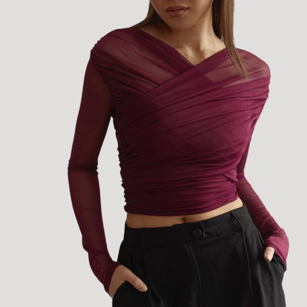 Sheer ruched mesh long-sleeve top