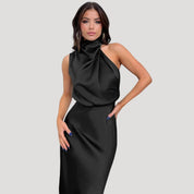 Women's satin wedding guest dress - halter neck maxi